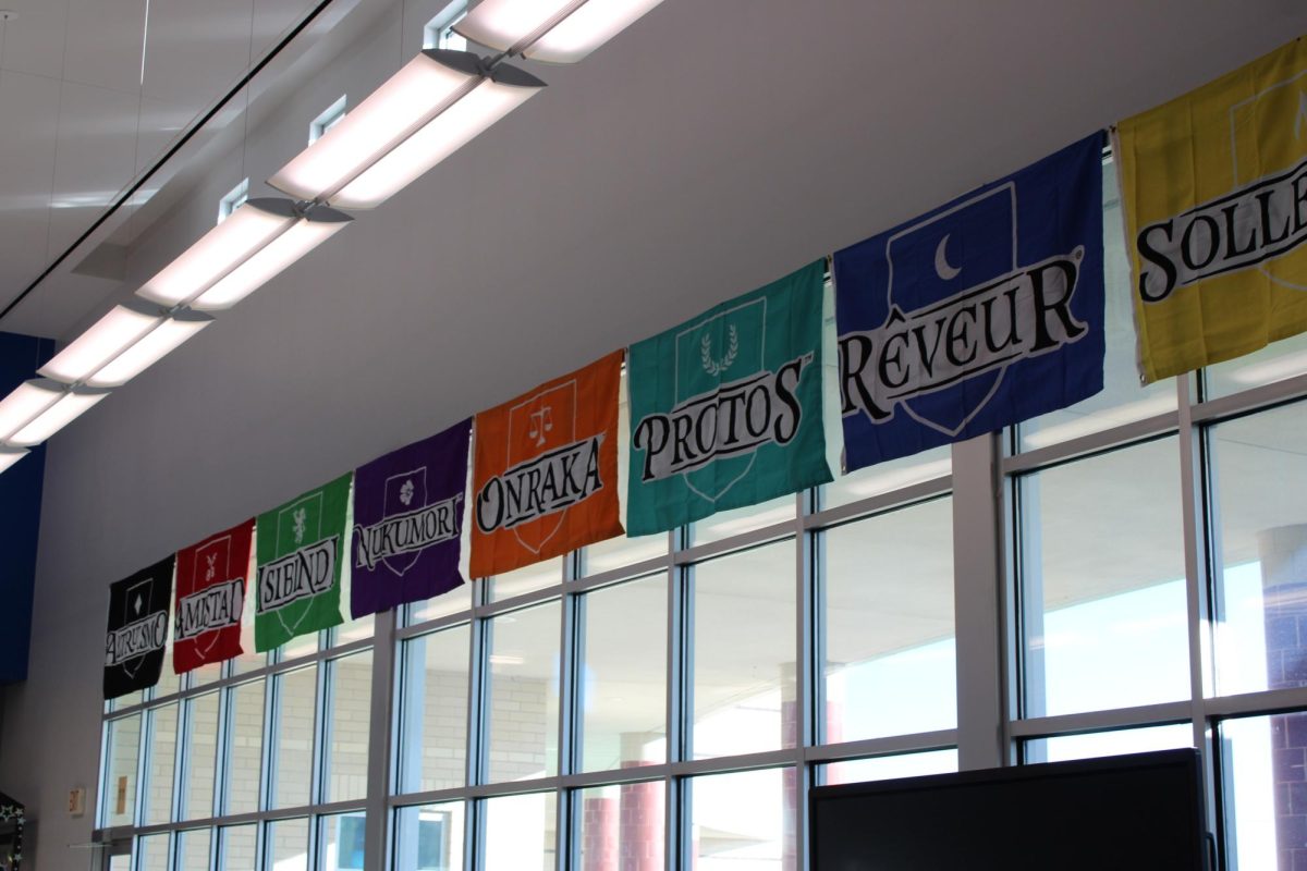 All 8 house flags displayed in Liberty Middle Schools’s media center.