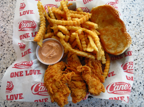 Every combo meal comes with chicken strips, fries, toast, soda, and Cane's sauce.